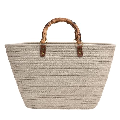 Image of Women's Tote Bag with Bamboo-Inspired Resin Handles Large Straw Tote Bag Woven Handbag Shoulder Bag for Vacation