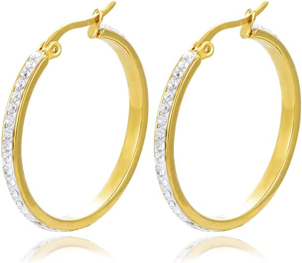 Yumay Jewellery Large 9ct Gold Plated White Crystal Hoop Earrings for Women 30mm Crystal, Crystal (UK Fashion Earrings101503)