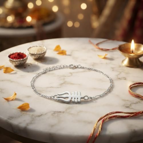 Image of Parnika 925 Pure 92.5 Sterling Silver Om Trishul Tripund Rudraksh Rakhi Bracelet for Brother | Hallmarked Silver Raksha Bandhan Rakhi | Premium Adjustable Rakhi Gift