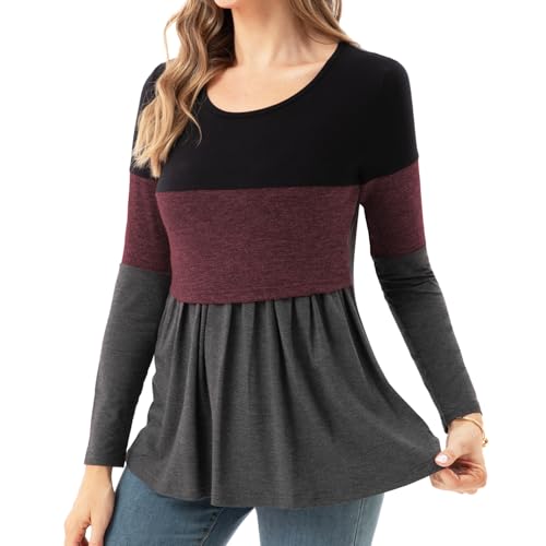Bearsland Women's Nursing Tops Long Sleeve Scoop Neck Breastfeeding Shirt Maternity Clothes, Barn Red, L