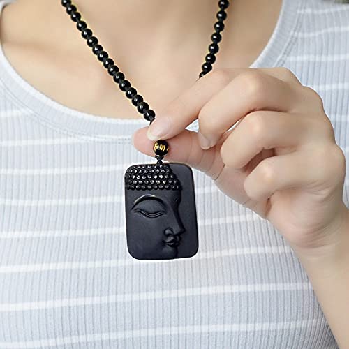 Collier de Bouddha en obsidienne et pendentif de jade avec chaîne