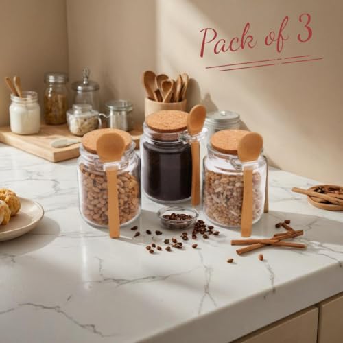 Image of STORE 2508 3 Airtight Glass Spice Jars with Lids and Wooden Spoons | Transparent 200 ml condiment canisters for salt, pepper and chilli flakes; compact storage for kitchen counters.