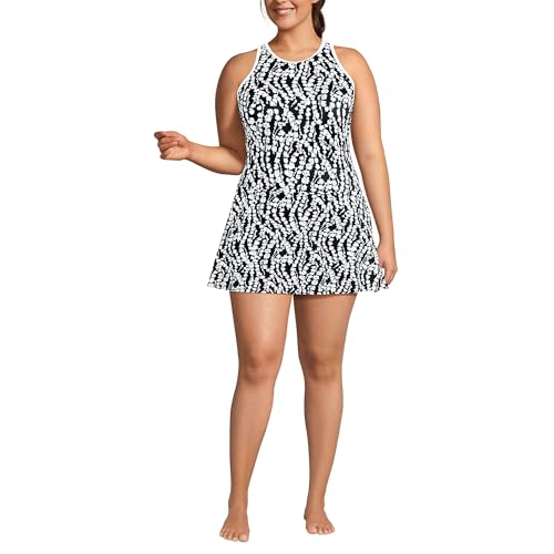 Lands End Womens Plus Size Tugless High Neck Swim Dress Swimsuit 26W Black/White Vine Floral