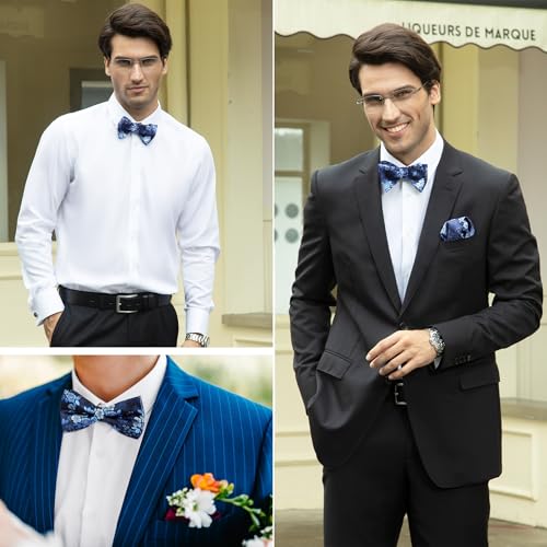 HISDERN SetSense Men's Floral Jacquard Woven Self Bow Tie Set One Size Navy Blue