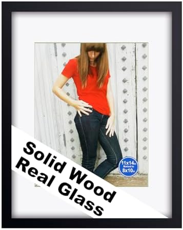 RPJC 11x14 (8x10 with Mat) Solid Wood Picture Frame Real Glass Cover Black