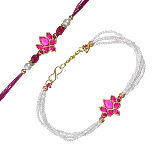 Image of eCraftIndia Kundan Pearl Designer Bhaiya Bhabhi Rakhis with Best Bro Ever Fridge Magnet | Set of 2 Rakhi for Brother and Bhabhi | Lumba Rakhi | Roli Chawal Pack