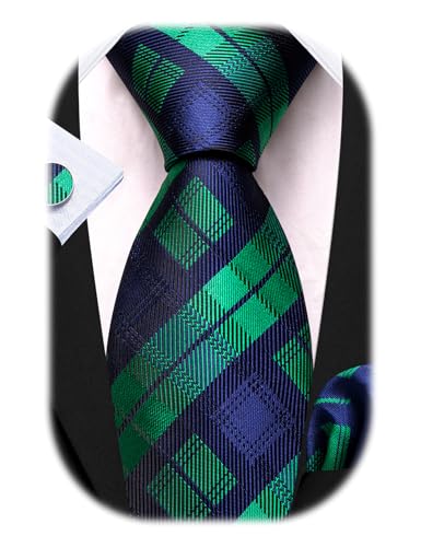 Image of Barry.Wang Plaid Ties Check Mens Necktie Set with Handkerchief Cufflinks Classic Stripe