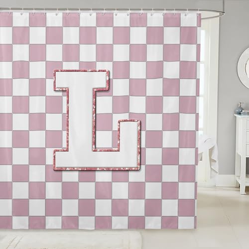 Image of Erosebridal Pink Initial L Shower Curtain 72 inch Wx72 L Kawaii Plaid Checkered Bathroom Curtain Cute Personalized Monogram Bathroom Accessories for Kids Girls,Fashion Grids Gingham Shower Decor