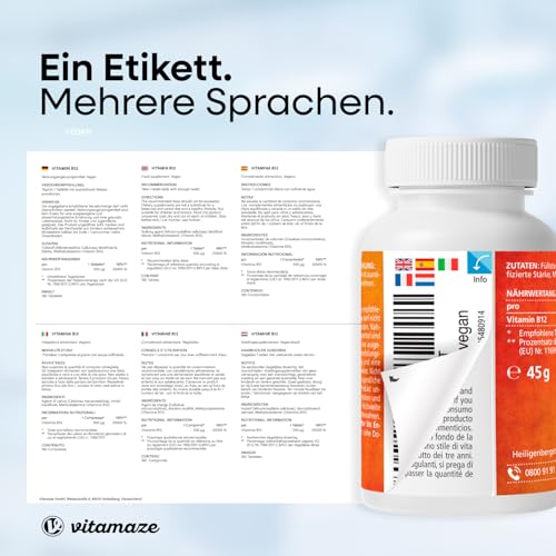 Vitamin B12 hochdosiert und vegan, Methylcobalamin, 500 mcg 180 Tabletten für 6 Monate Dauerversorgung, Natürliche Nahrungsergänzung ohne Zusatzstoffe, Made in Germany