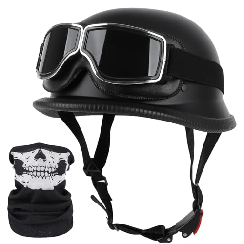 German Style Motorcycle Helmet, DOT Approved Adult Men Women Half Helmet, Skull Cap Half Shell Helmet with Goggles, for Street Bike Cruiser Moped Scooter Chopper