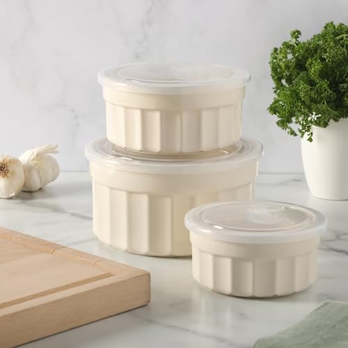 Image of Martha Stewart Broadbrook 6 Piece Stoneware Meal Prep Container Set with Lids, Round Food Storage & Bakeware, Cream, Oven, Microwave & Dishwasher Safe