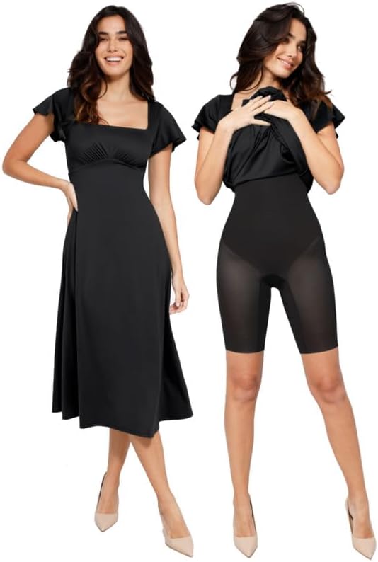 Popilush Shapewear Dress Built-in Bra Short Sleeve Square Neck A-Line Flowy Wedding Guest Midi Dresses for Women Black X-Large