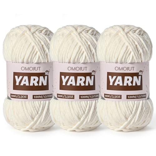 Image of 3 Packs Plush Chenille Chunky Crochet Yarn - Baby Yarn for Crocheting Soft - Velvet Yarns Knitting for Blankets Crafts - Fluffy Amigurumi Yarns 300g / 393yd (3 White)