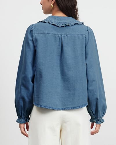 Womens Puff Long Sleeve Denim Shirts Peter Pan Collar Button Down Jean Blouse Casual Denim Tops with Pocket2