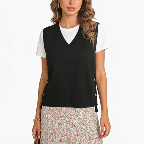 Image of Blostirno Women's V Neck Sweater Vest Ribbed Side Split Button Sleeveless Knit Pullover Sweaters Tops