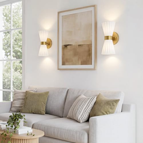 Image of Gold Wall Sconces Set of 2, Milk White Pleated Fabric Shade | Hardwired, Wall Light Fixtures, Up Down Wall Mount for Living Room Bedside