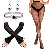 Halloween Spiderweb Fishnet Stocking with Gloves - 4 Pack Fishnet Stocking Set, Spider Fingerless Long Gloves & Spider Necklace & Spider Earrings, Black Lace Pantyhose, Mesh Leggings Costume for Party