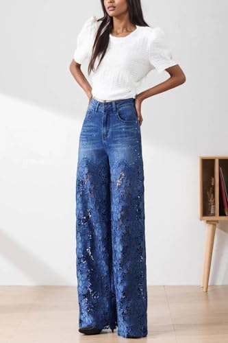 Women's Lace Patchwork Hollow Jeans Floral High Waist Wide Leg Denim Pants Lace Jeans3