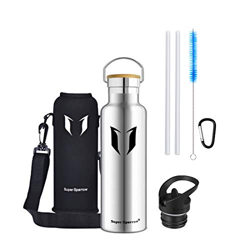 Super Sparrow Stainless Steel Vacuum Insulated Water Bottle, DStandard Mouth -350ml-620ml- 500ml & 750ml & 1L - BPA Free - with 2 Exchangeable Caps + Bottle Pouch (Stainless Steel, 620ml-21oz)