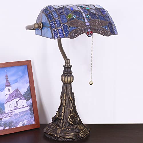 Rhlamps Banker Lamp Tiffany Desk Lamp Navy Blue Dragonfly Stained Glass Piano Lamp, 15" Tall Memory Adjustable Library Table Lamp, Farmhouse Luxury Rustic Bedside Night Light For Living Room Bedroom #TOP6