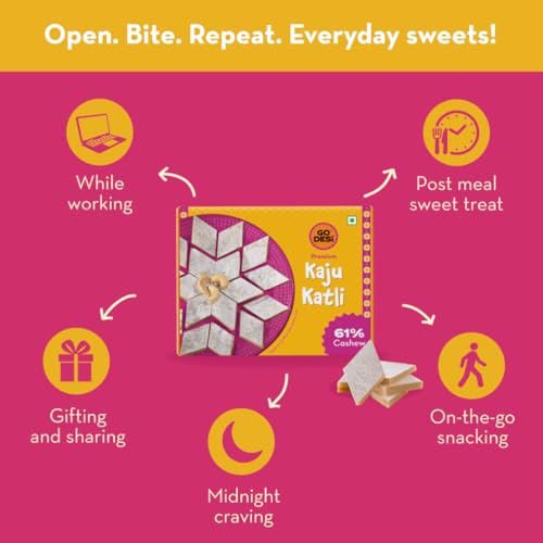 GO DESi Premium Kaju Katli, 61% Cashews, DESi Meetha, Sweets Indian Mithai, Cashew, Indian Sweets Gift Pack, 180grams