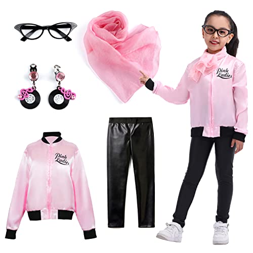 Rabtero Kids 1950s Pink Ladies Satin Jacket Grease Costumes for Girls with Glasses, Earrings, Scarf and Pants, Size 4-6
