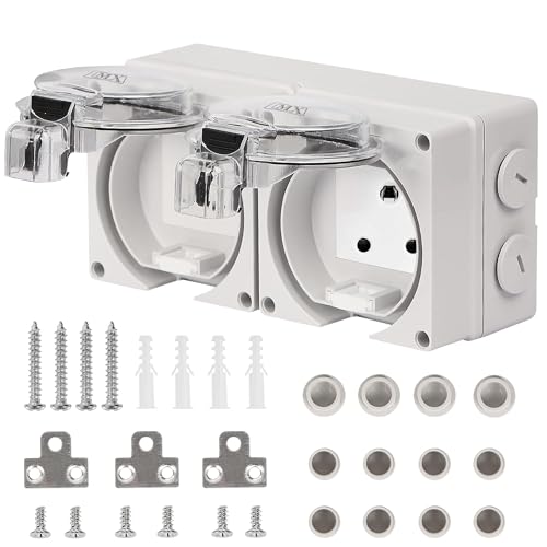 Image of MX IP66 Waterproof Outdoor Socket Box | 250V 6A 2 Indian Socket | Dustproof Weatherproof 4 Module Modular Wall Box with Spring Opening Cover | Ideal for Garden, Patio & Outdoor Use