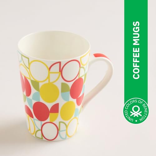 Image of United Colors of Benetton Bone China Coffee Mug Set of 2 - 320ml Each, Printed Tea Cups for Coffee, Milk & Hot Beverages - Microwave & Dishwasher Safe, Ideal Gift Set for Home & Office