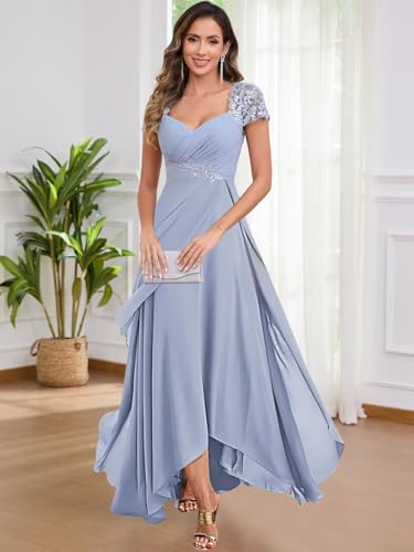 Chiffon Tea Length Mother of The Bride Dresses for Women A Line V Neck Lace Formal Evening Dress with Sleeves4