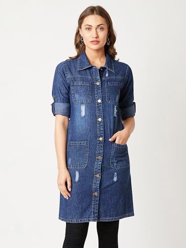 Image of Miss Chase Women's Polo Neck Full Sleeves Patch Pocket Denim Overcoat Knee-Length Jacket