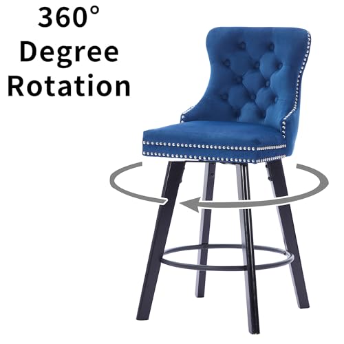Image of YITAI Modern Swivel Set of 2 Velvet Barstools with Large Backrest and Sturdy Metal Footrest,Button Tufted Rivet Trim Dining Room Chairs with Metal Pull Ring for Kitchen Island,Home Bar,Bistro, Blue