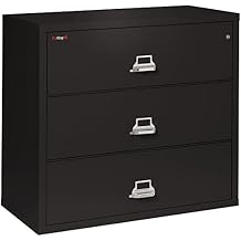FireKing Fireproof Lateral File Cabinet 3 Drawers, Impact Resistant, Waterproof, 40.25" H x 44.5" W x 22.13" D, Black