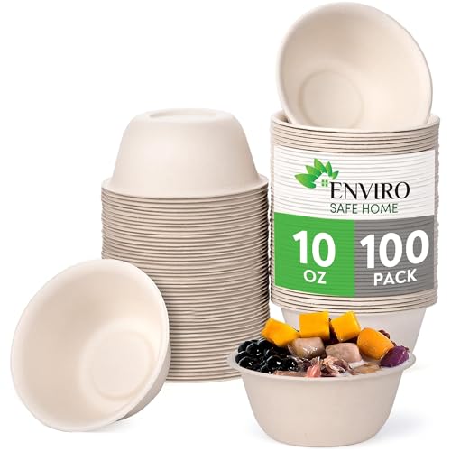 Enviro Safe Home 10 Oz Bamboo Disposable Bowls For Hot Soup, 100 Pack - Small, Heavy Duty, Microwavable, Oven Safe - Perfect for Hot Food, Meals, Acai & More - Eco-Friendly, Leak-Proof