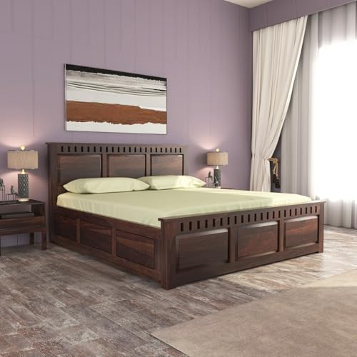 Image of Sheesham Wood King Size Bed with Storage Box | Wooden Box Bed King Size Double Cot Bed with Storage for Bedroom | Premium Kuber Dalla Design Headboard Bed for Hotel, Home | Walnut Finish