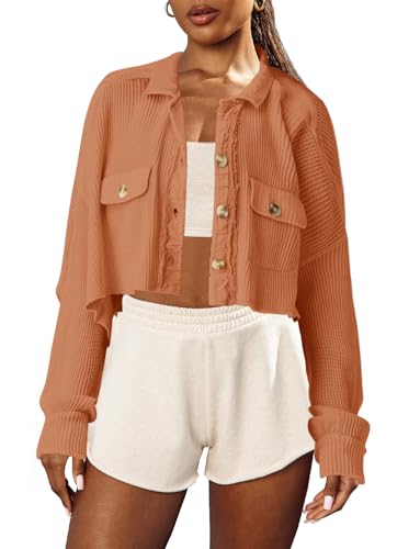 Image of Panadila Women's Cropped Waffle Knit Shacket Short Button Down Jacket Batwing Sleeve Shirts with Pocket