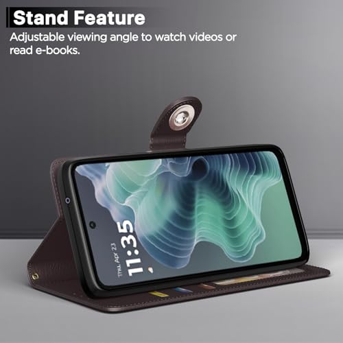 Image of Pikkme Flip Cover Leather Finish | Inside TPU with Card Pockets | Wallet Stand and Shock Proof | Complete Protection Button Flip Case for Moto G35 5G(Coffee)