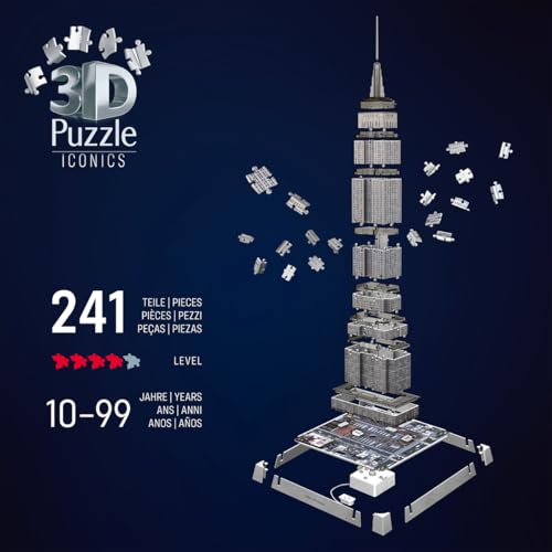 Ravensburger - Puzzle 3D Empire State Building Lumineux - Monument à Construire sans Colle - 216 Pièces - Socle LED Multicolore - Dès 10 Ans - Lampe Déco - 12008026