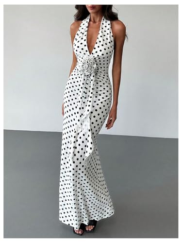 WDIRARA Women's Polka Dots Halter Dress High Split Deep V Neck Backless Bodycon Maxi 3D Flower Dresses2