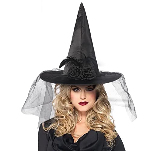 NICEYEA Halloween Women Witch Hats Costume Decorations Foldable Rose Gauze Black Witches Hat Adult Halloween Christmas Cosplay Accessories