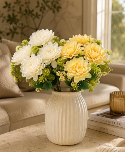 Image of Divyakosh Artificial Flower Bunch Set of 2 (Vase Not Included) | White + Peach | 8 Large Flowers, 8 Filler Stems | 35 cm Decorative Artificial Flowers for Home, Living Room & Table Decor