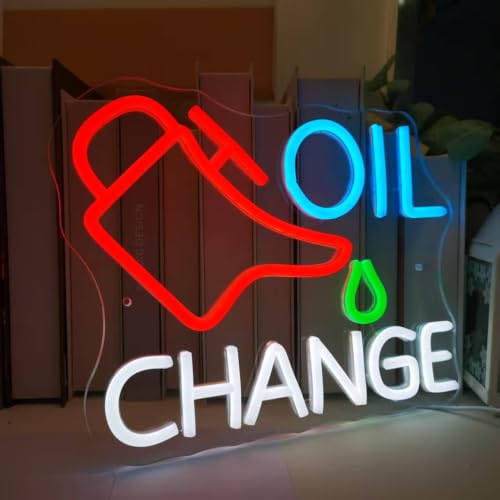 Image of Oil Change Neon Sign, Dimmable LED Neon Light Sign for Wall Decor, Mechanic Themed Neon Wall Light for Garage, Auto Shop, Man Cave, Bar, Bedroom, Game Room, Gift for Car Lovers Mechanics (OIL CHANGE)