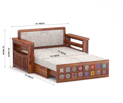 Image of Solid Wood Sofa Cum Bed with Decorative Tile Design | Modern Pull-Out Wooden Diwan Bed with Cushioned Seating | Convertible 2 Seater Sofa Bed for Living Room (Honey Finish)