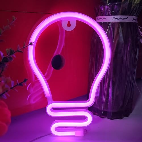 Image of JYWJ Bulb Neon Light,USB or 3-AA Battery Powered Neon Signs,LED Desktop Wall Decoration,Various Parties,Decoration Of Business Premises (Pink)