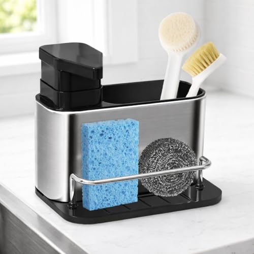 Image of 3 in 1 Kitchen Sink Caddy with Soap Dispenser & Sponge Holder | Stainless Steel Sink Organizer Rack for Dishwashing Liquid & Cleaning Tools | Silver Kitchen Countertop Organiser & Holder