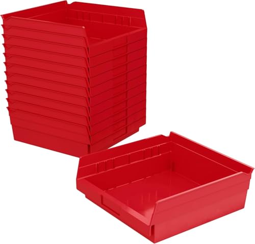 Akro-Mils 30170 Plastic Shelf Bins, Heavy Duty Storage Bins for Garage, Closet, and Drawer Organization, 12-Inch x 11-Inch x 4-Inch, Red, 12-Pack
