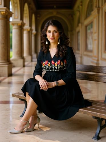 Image of Women's Viscose Cotton Embroidered Tunic Dress | Ethnic Motif 3 /4 Sleeve V-Neck Dress