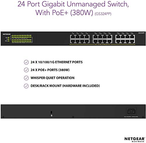 NETGEAR-Switch-PoE-de-24-Puertos-GS324PP-Switch-Ethernet-Unmanaged-con-24-x-PoE-a-380-W-montaje-sobremesapared