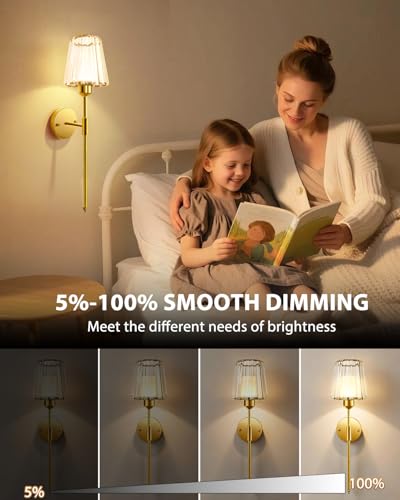 Image of Adetu 23 Inch Crystal Battery Operated Wall Sconce Set of 2 | Gold Rechargeable Wall Sconce with 10000mAh Magnetic Bulbs, RGB Dimmable Wireless Battery Wall Lights for Bedroom Living Room