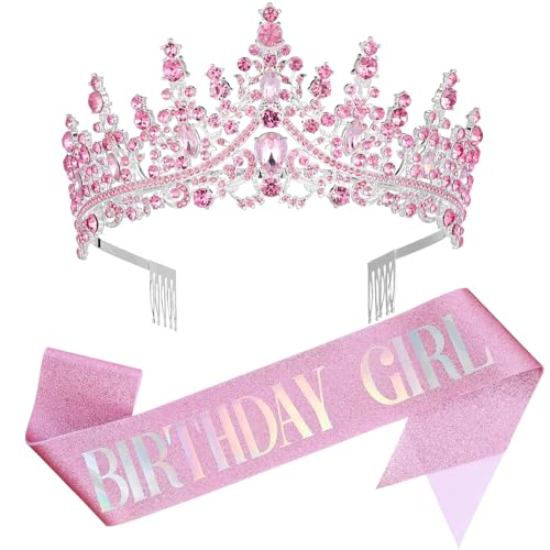 Tiara de cumpleaños con cristales rosa y banda que no se cae
