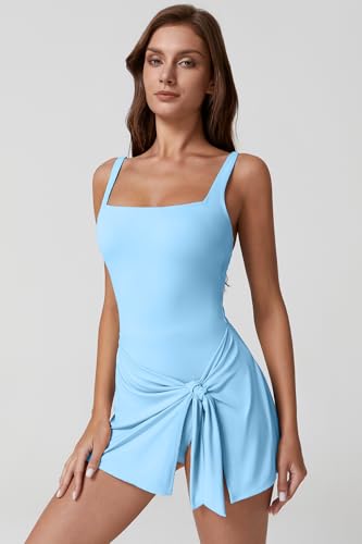 Image of QINSEN Square Neck Swim Dress for Women Tummy Control One Piece Swimsuit Wrap Bathing Suit